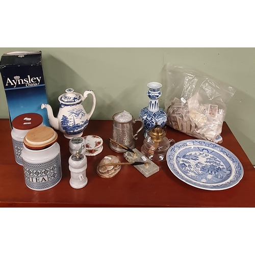 634 - A quantity of vintage Items to include blue and white ware and tools etc. TB 23 cm approx.