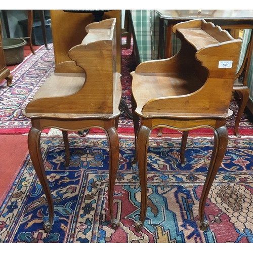 620 - A beautiful pair of Mahogany side Tables with gallery backs on cabriole supports. 
47 x 32 x 73 cm a... 