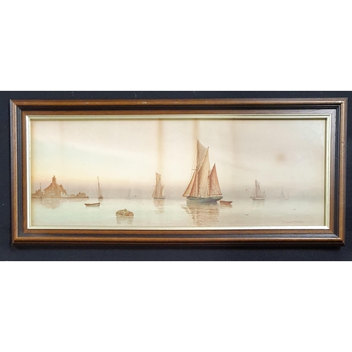 219 - After Garmin Morris. A 20th Century colour Print of moored boats in an estuary setting.
26 x 58 cm a... 