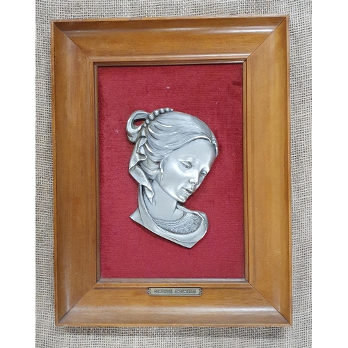 500 - A Vintage Pewter Plaque mounted on a Red velvet panel surrounded by a good timber frame.
43 x 33 cm ... 