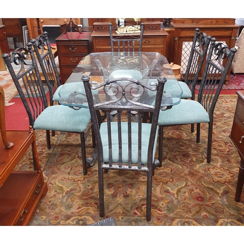 542 - Modern wrought Metal and glass top seven-piece dining Suite, comprising table with scroll and ball f... 