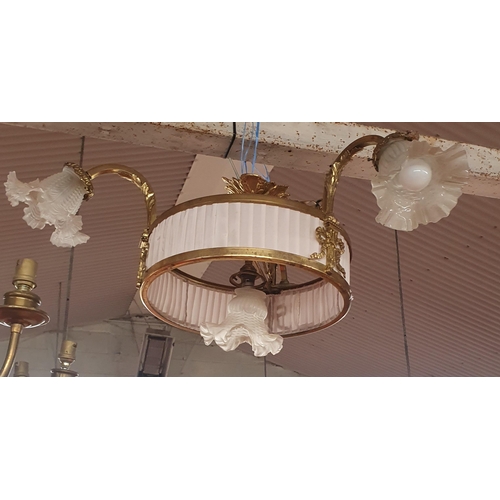 612 - A lovely late 19th early 20th Century Brass circular three branch Chandelier with cloudy glass shade... 