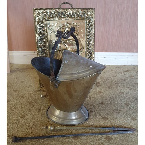 682 - A good 19th Century Brass and Cast Iron coal Skuttle with two companions and a Brass Fire screen.