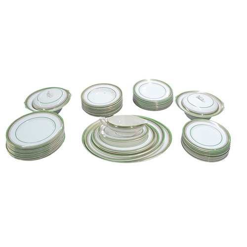 141 - A lovely Moyette Dinner Service, consisting of fifty six pieces with green gilt edge banding. D 42 c... 