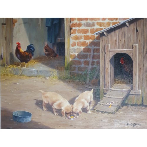 432 - Alan Butterworth. A 20th Century Oil on Canvas of naughty pups eating cracked eggs with chickens and... 