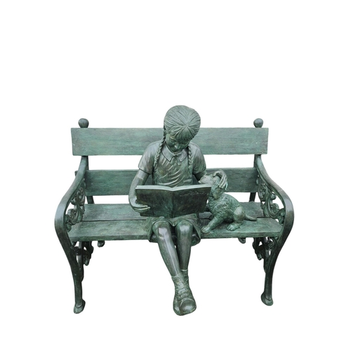 295 - A Fantastic Bronze Figural Group of a young girl sitting reading on a garden bench with her dog.
W 9... 
