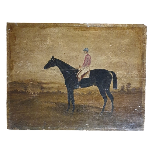 439 - A 19th Century Oil on Board of a Horse with Jockey up, possibly 18th Century, unframed. 24 x 31 cm a... 
