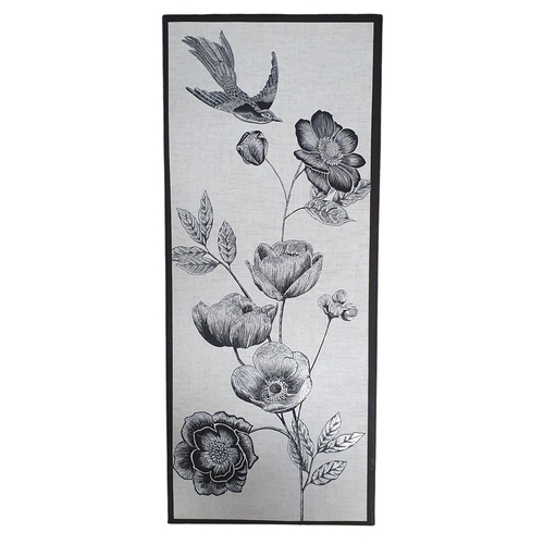 445 - A mixed media on Canvas still life of a Bird landing in Flowers. 67 x 27 cm approx.