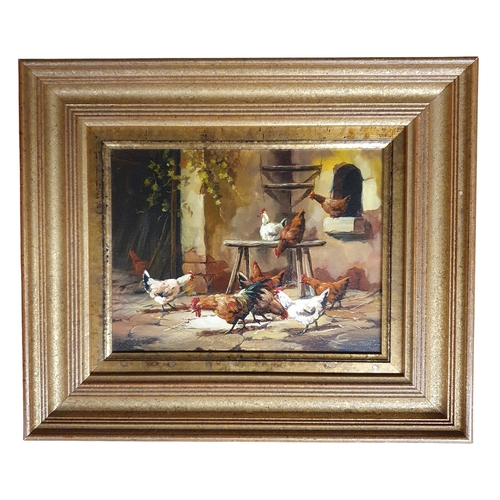 452 - A beautiful and well painted 20th Century Oil on Board of Chickens in a Stable Yard, no apparent sig... 