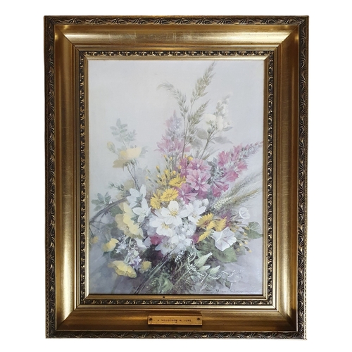 470 - Vernon Ward. An Oleograph  On Canvas Still Life of  wild Flowers on a table setting 'hedgerow in Jun... 