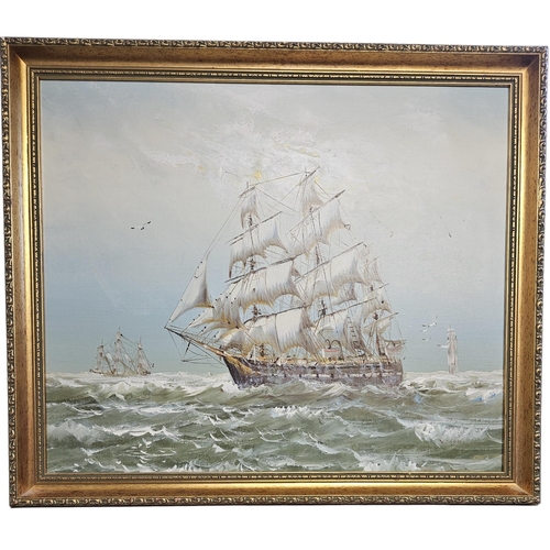 445A - A 20th Century Oil on Canvas of a Spanish Galleon in full Sail on Choppy Seas, in a good gilt frame ... 