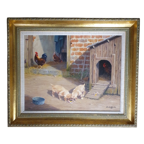432 - Alan Butterworth. A 20th Century Oil on Canvas of naughty pups eating cracked eggs with chickens and... 