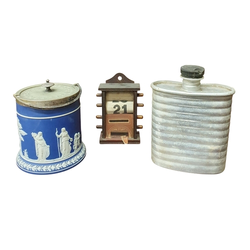 457 - A good quantity of items to include a Wedgewood Jasperware Biscuit Barrell, a Vintage desk top Date ... 