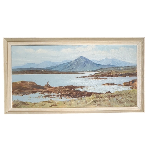 99 - Andrew O'Byrne. A 20th century Oil on Canvas of a man fishing in a lake with mountains in the distan... 