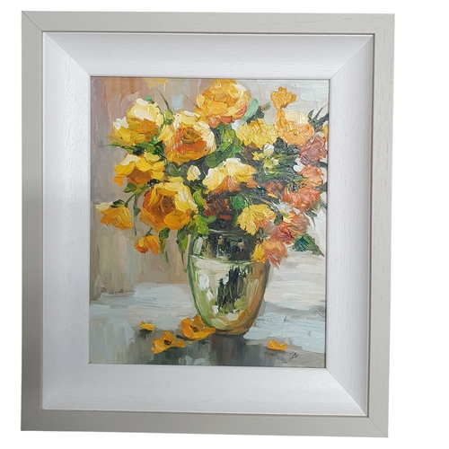 105 - Sarah Adams (Irish) 'Floral Vase' Oil on board initialed LR with frame size 41 x 36 cms approx.