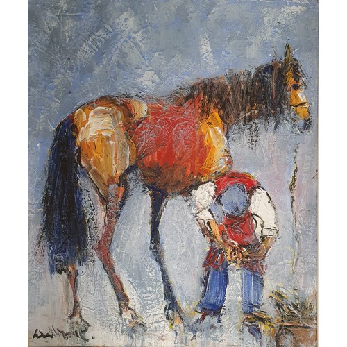 6 - Marie Carroll 20th Century D2016. An Oil on Paper of a Farrier at work. H 60 x 50 cm approx.