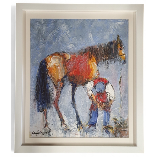 6 - Marie Carroll 20th Century D2016. An Oil on Paper of a Farrier at work. H 60 x 50 cm approx.