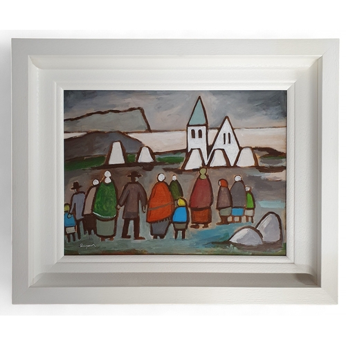 9 - James Ryan (Irish). An Oil on Board 'Sunday Gathering'. Signed LL. Framed size 55 x 45cm approx.