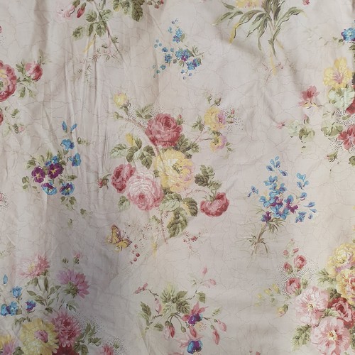 33 - A lovely pair of pink ground Striped floral Curtains along with a large satin effect single floral c... 
