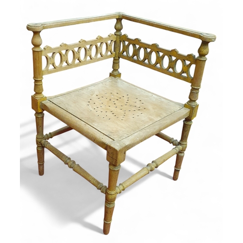 An unusual 20th Century Corner Chair on turned supports and stretcher ...