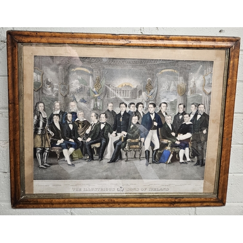 415 - The Illustrious Sons of Ireland 19th Century coloured engraving in a birds eye maple frame.
H 62 x 7... 