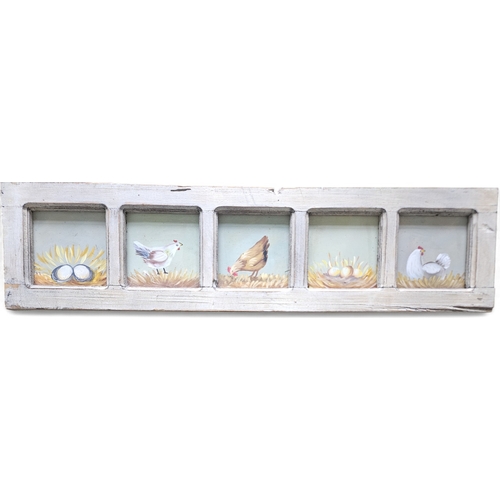 38 - A Collage hand painted Panel Picture of chickens and eggs. 80 x 20 cm approx.