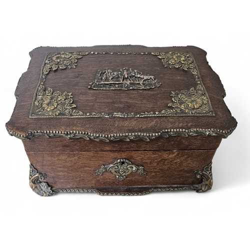 47 - A 19th Century Oak Box with brass mounts. 25 x 19 x H 11 cm approx.