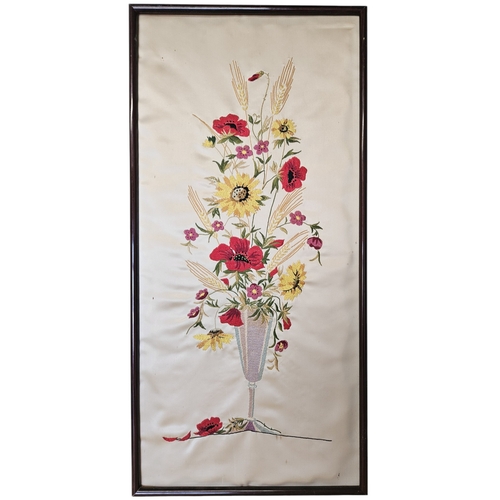 54 - A pair of early 20th Century needlework on Silk Panels Still Life of Flowers in a vase on a table se... 
