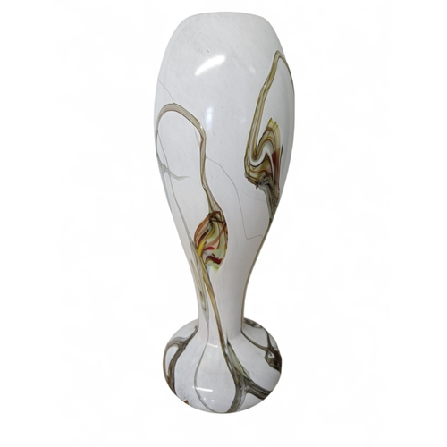 58 - An unusual Iridescent Glass Vase converted to a table Lamp with a good shade. H 47 cm approx.