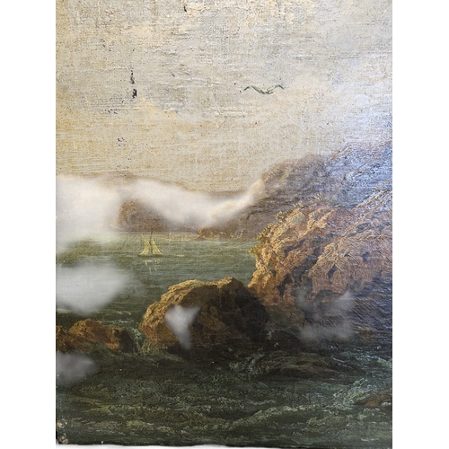 414 - A 19th Century Oil on Canvas of a rocky coastal scene Landscape with ship in the distance. In a gold... 