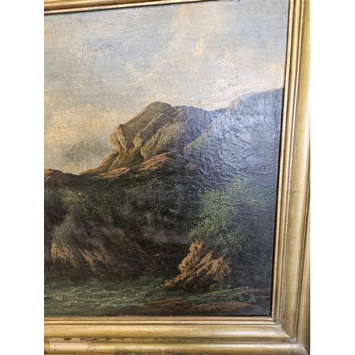 414 - A 19th Century Oil on Canvas of a rocky coastal scene Landscape with ship in the distance. In a gold... 