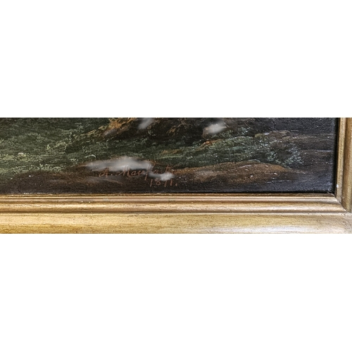 414 - A 19th Century Oil on Canvas of a rocky coastal scene Landscape with ship in the distance. In a gold... 
