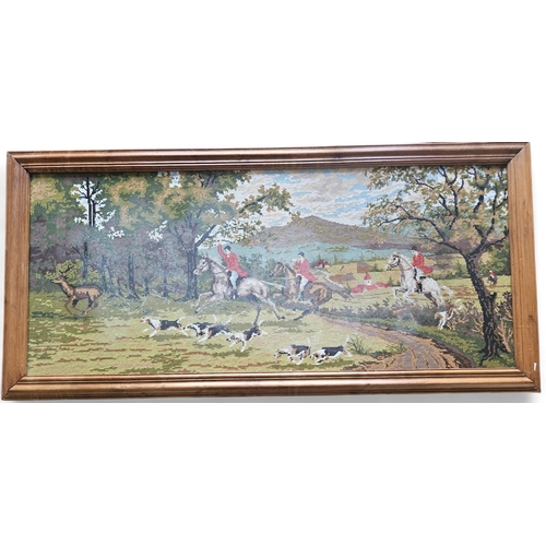 445 - A good Tapestry Picture of a hunt in full flight chasing a stag. 120 x 57 cm approx.