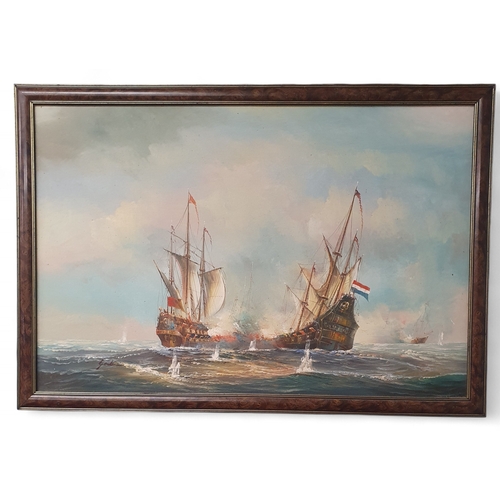 30 - A 20th century Oil on Board of a battle scene of two destroyers. Signed Gordon LL. 60 x 90 cm approx... 