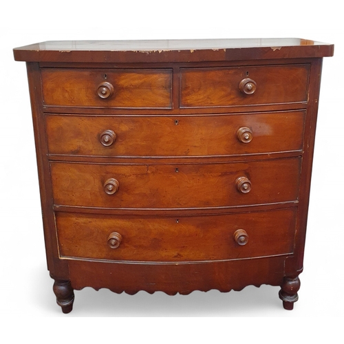 67 - A Victorian Mahogany bow fronted Chest of Drawers with original timber knobs. 120 x 56 x H 118 cm ap... 