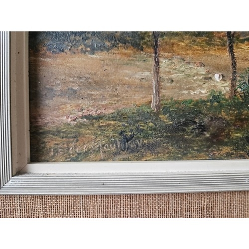 70 - A 19th Century Oil On Board of a country scene of a woman walking down a path with cattle and her sh... 