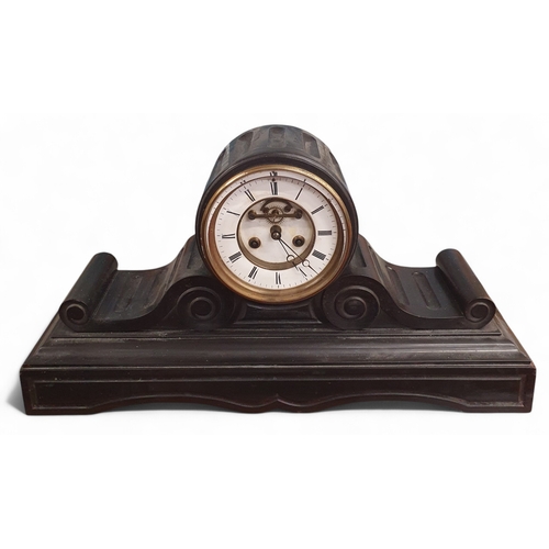 91 - A 19th Century black Slate Mantel Clock of large size with white enamel dial face. Pendulum and key ... 