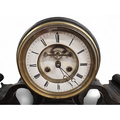 91 - A 19th Century black Slate Mantel Clock of large size with white enamel dial face. Pendulum and key ... 