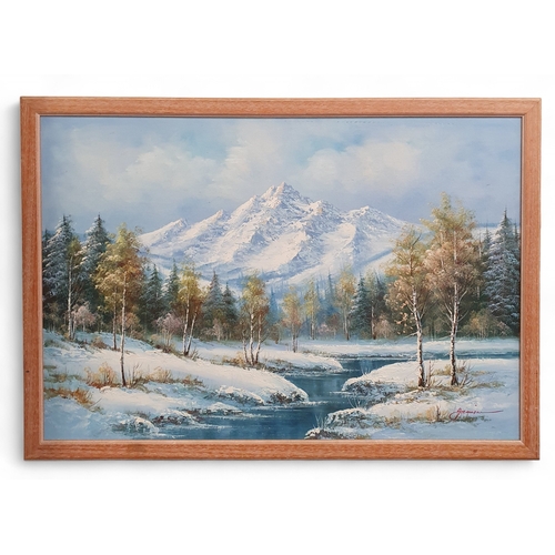 93 - A 20th Century Oil on Board of a winter snowy mountainous scene. Signed Jasmine LR. 60 x 90 cm appro... 