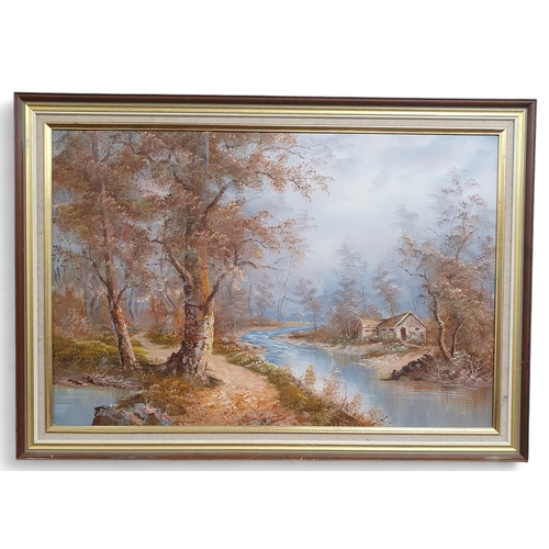 94 - A 20th Century Oil on Canvas of a forest with river flowing through. Signed indistinctly LL. 61 x 91... 