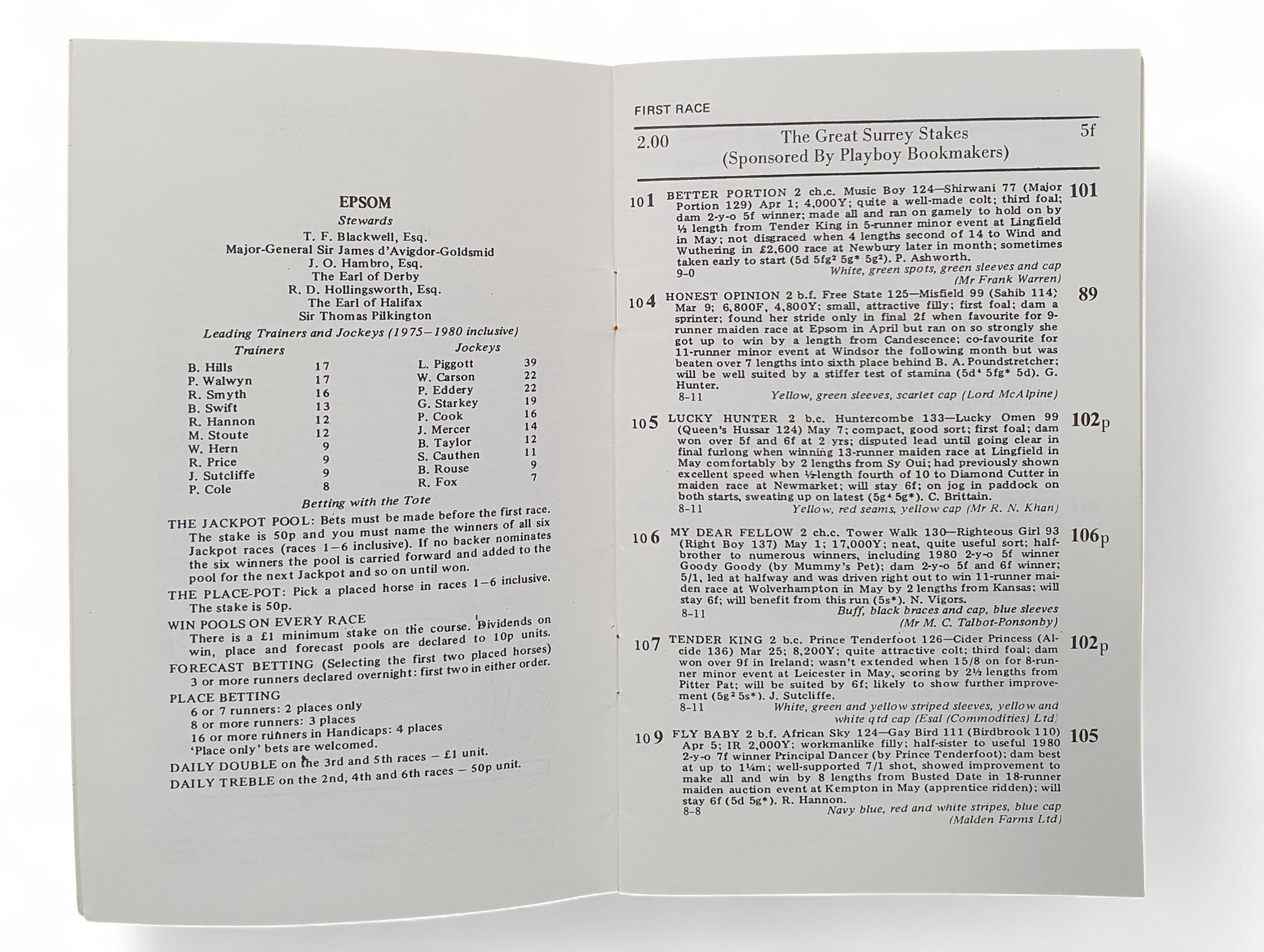 A Timeform Race Card for The Epsom Derby 3rd June 1981 where Shergar ...