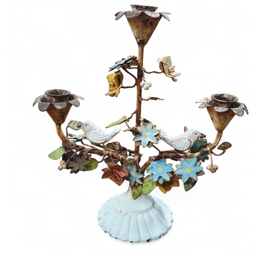 56 - A Brass fan shaped Spark Guard along with an Oriental table figure and a vintage candelabra. TB 54 c... 