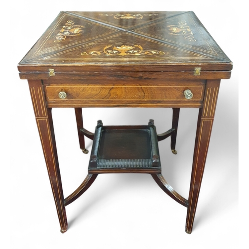An Edwardian Rosewood and Inlaid envelope Card Table with single frieze ...