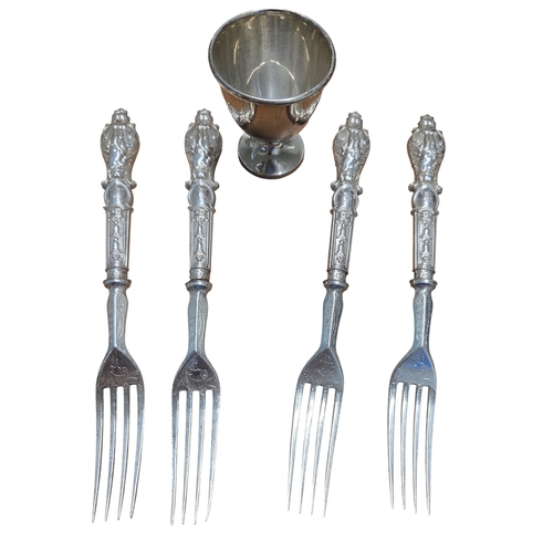 349 - A Silver Mappin & Webb sauce Boat, egg cup along with six liqueur glasses a set of Silver handled pi... 