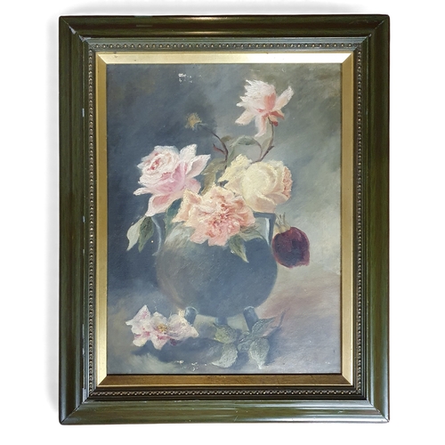 471 - A 19th Century Oil on Canvas still life of Roses in a Pot on a table setting, no apparent signature.... 