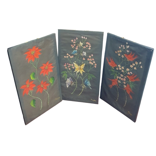 474 - Three late 19th early 20th Century Vintage Oils On Silk still life of flowers and birds.
67 x 38 cm ... 