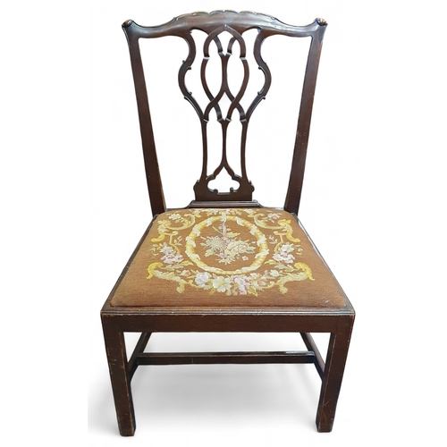 482 - A late 19th Century Mahogany single Dining Chair with pierced back on square supports. W 54 x SH 92 ... 