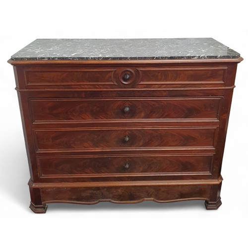 491 - A good 19th Century Mahogany and Marble topped Chest of Drawers with flame grained panel fronts.
W 1... 