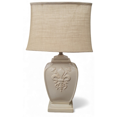 502 - A really good pair of beige ground Ceramic Table Lamps of large size with Fleur de Lis style embosse... 