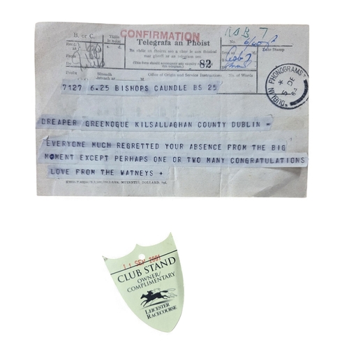 77 - A collection of very good photographs of Lester Piggott, a vintage Telegraph along with a photograph... 